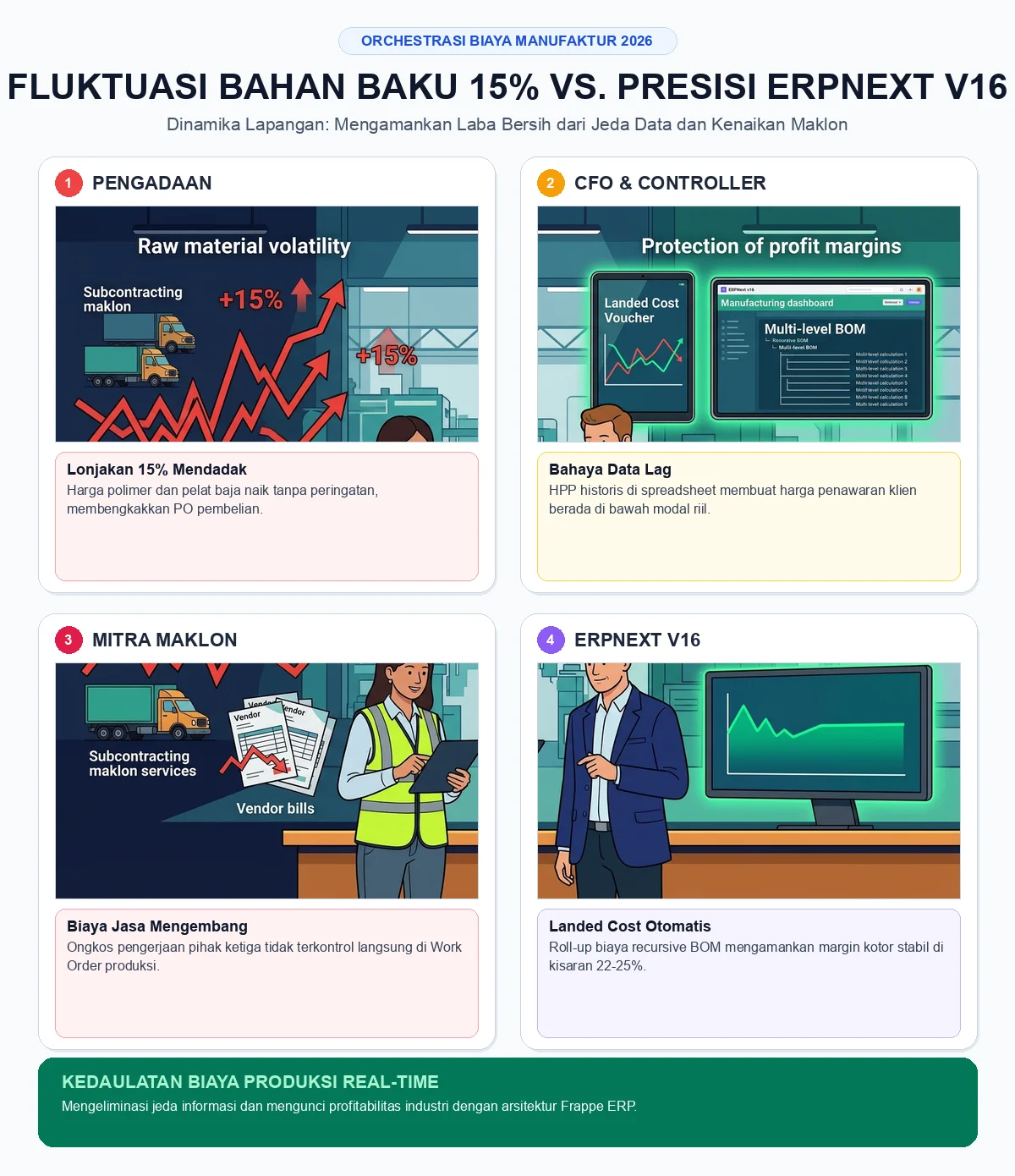 Simulasi dasbor ERPNext v16 yang menampilkan perbandingan biaya aktual vs anggaran di tengah fluktuasi harga bahan baku global.